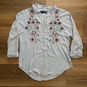 Striped Button-Front with Floral Embroidery